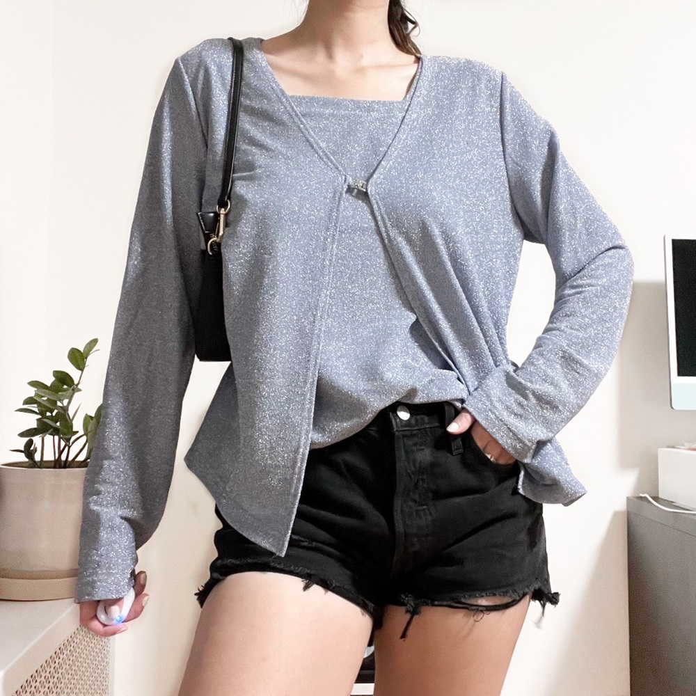 Y2K AGB BLUE SPARKLY GLITTER LONG SLEEVE SHIRT